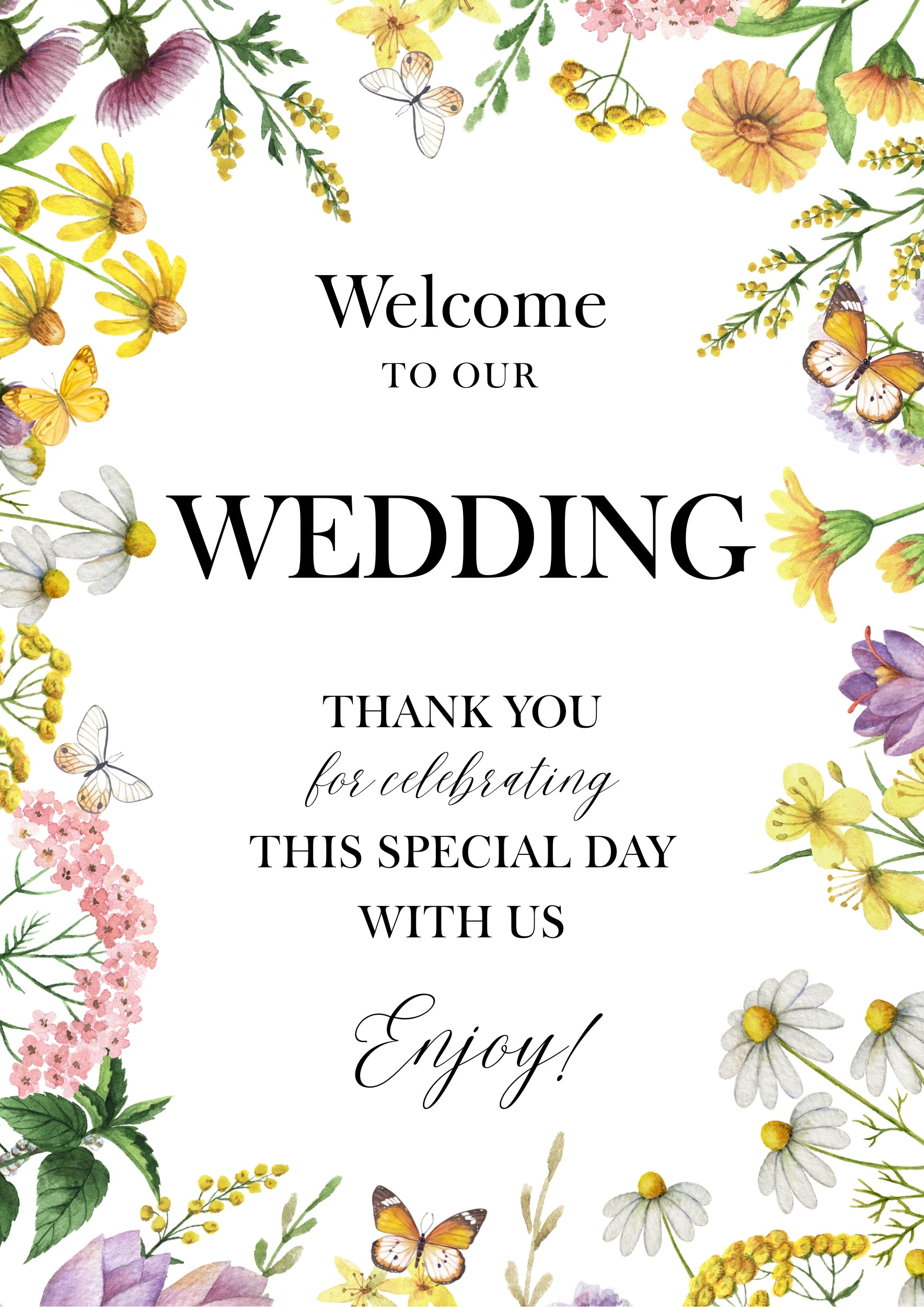 Wildflower & Butterfly Wedding Welcome Sign | A3 Print Box & Party Co.