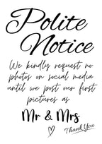 A5 Wedding Activity Sign - Polite Notice (No Social Media) Box & Party Co.