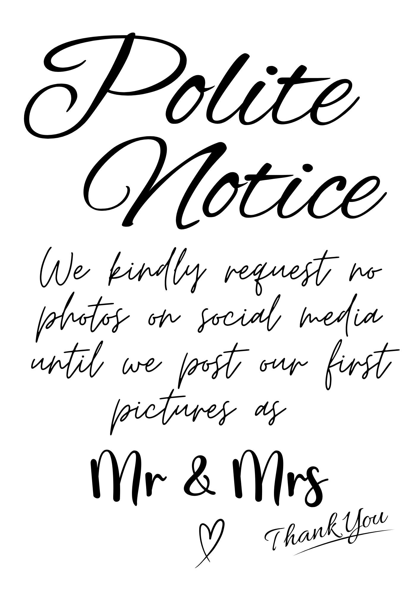 A5 Wedding Activity Sign - Polite Notice (No Social Media) Box & Party Co.