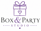A logo-style graphic on a white background featuring a purple gift box with a bow and heart outline above the words 'Box & Party Studio' in black and purple text.