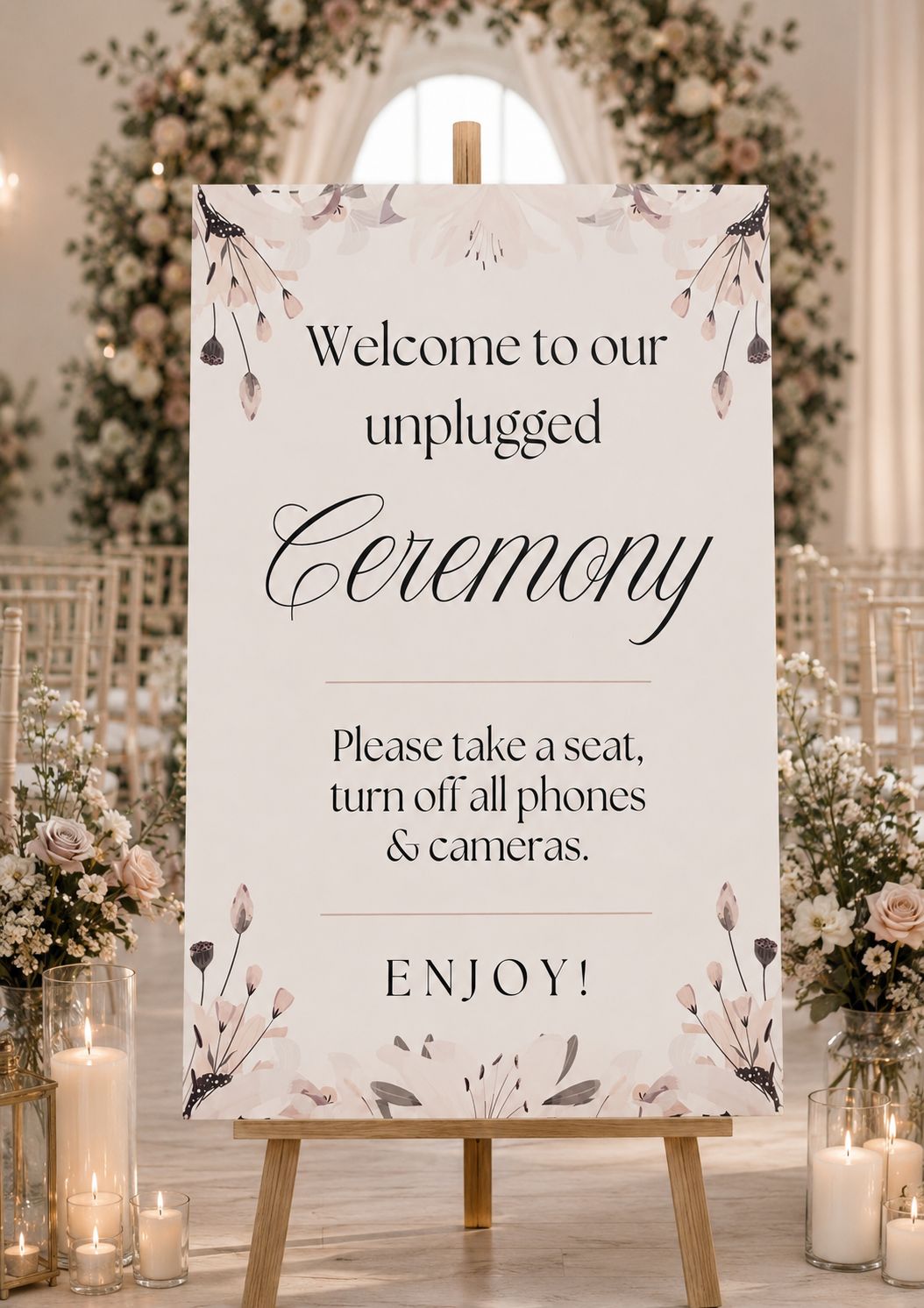 Neutral Floral Unplugged Wedding Sign – Ceremony Welcome Board Box & Party Co.