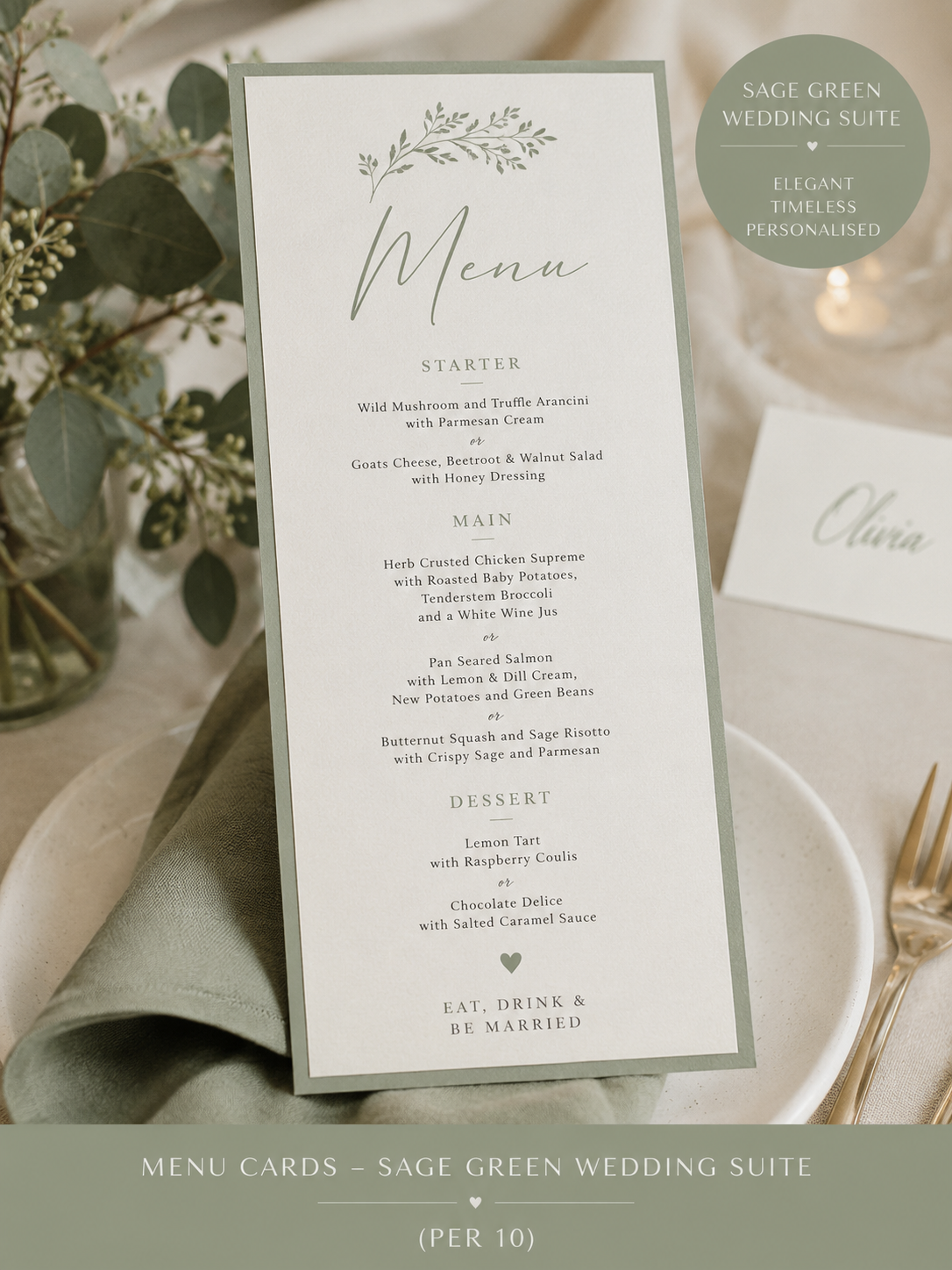 Extra Menu Cards – Sage Green Wedding Suite (per 10) Box & Party Studio