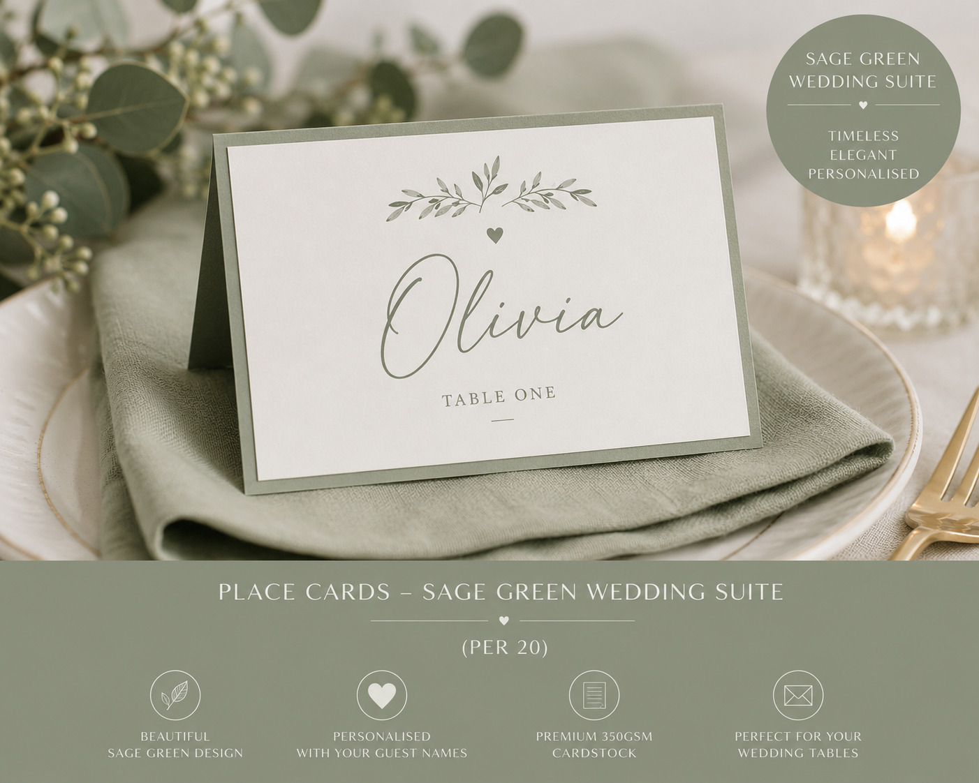 Extra Place Cards – Sage Green Wedding Suite (per 20) Box & Party Studio