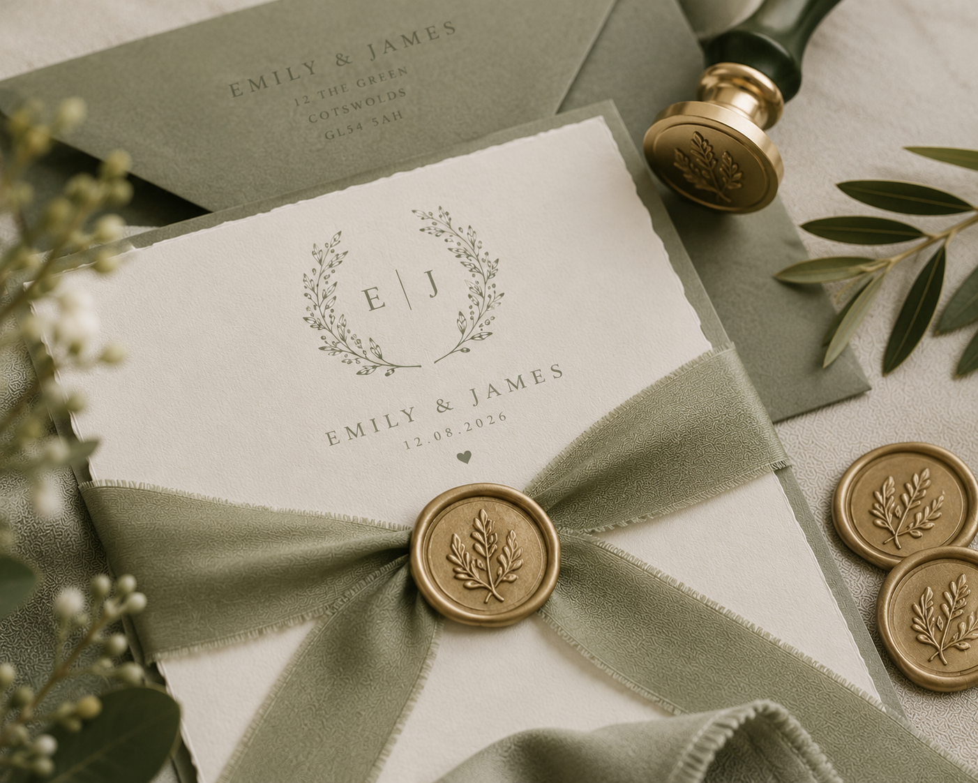 Wax Seal Upgrade – Sage Green Wedding (per 20) Box & Party Studio