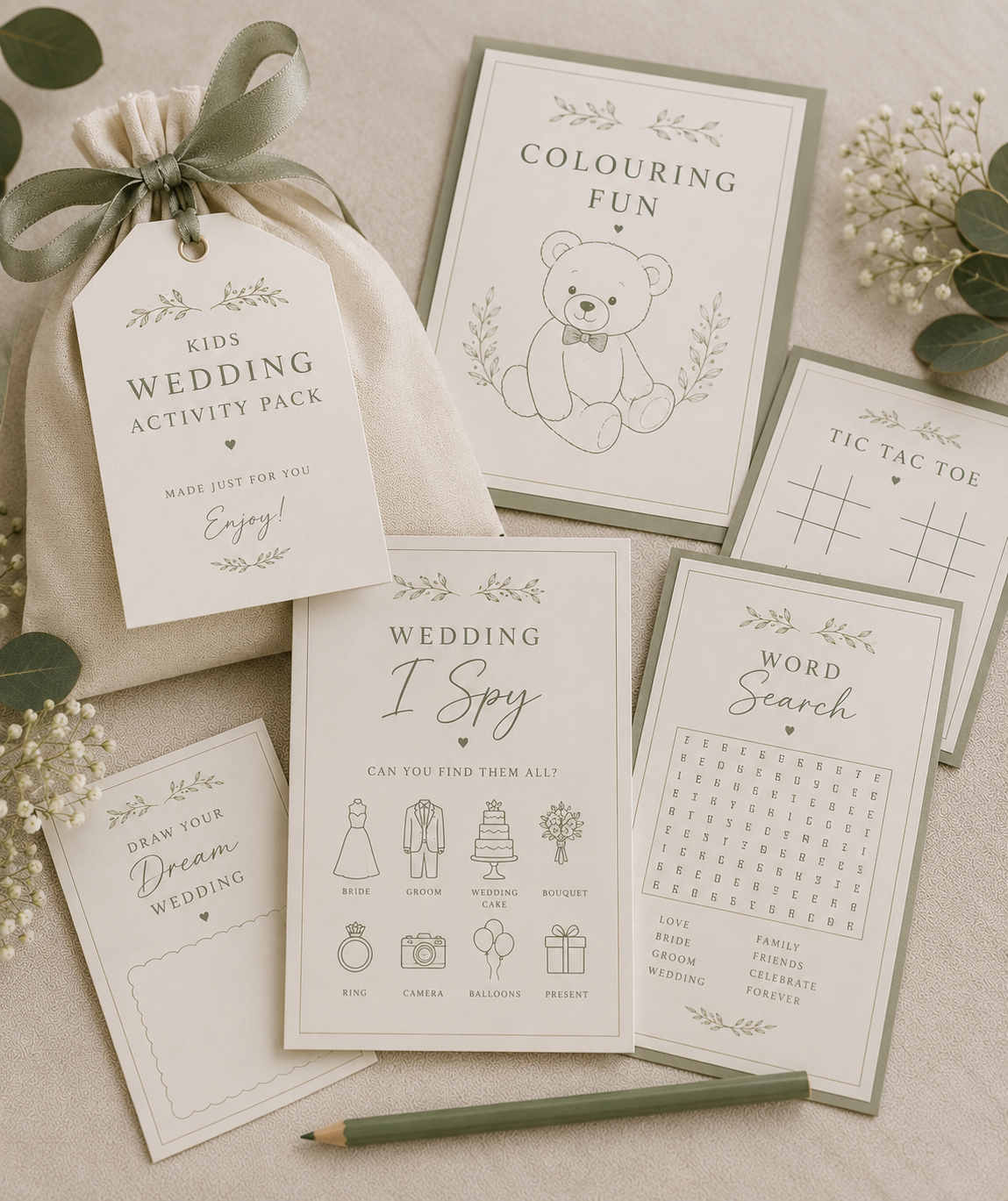Kids Wedding Activity Pack – Sage Green Box & Party Studio