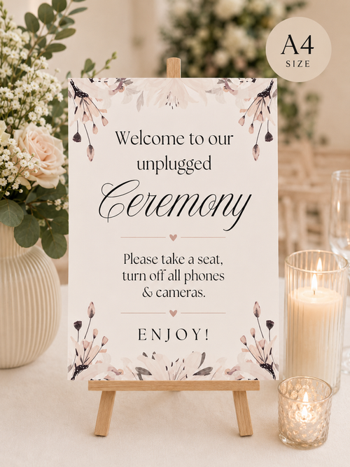 Neutral Floral Unplugged Wedding Sign – Ceremony Welcome Board Box & Party Co.