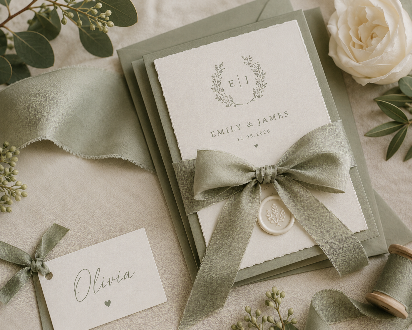 Silk Ribbon Upgrade – Sage Green Wedding (per meter) Box & Party Studio