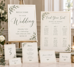 Wedding signage with seating plan, menu, table number and place names. 