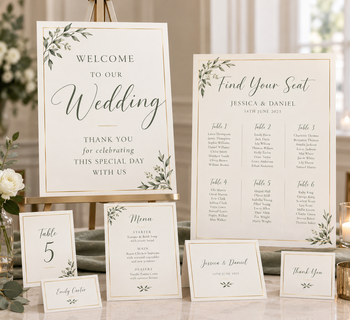 Wedding signage with seating plan, menu, table number and place names. 
