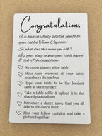 Table Captains A5 300gsm card with congratulations message and checklist of duties
