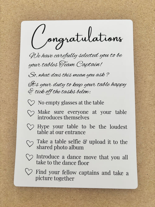Table Captains A5 300gsm card with congratulations message and checklist of duties