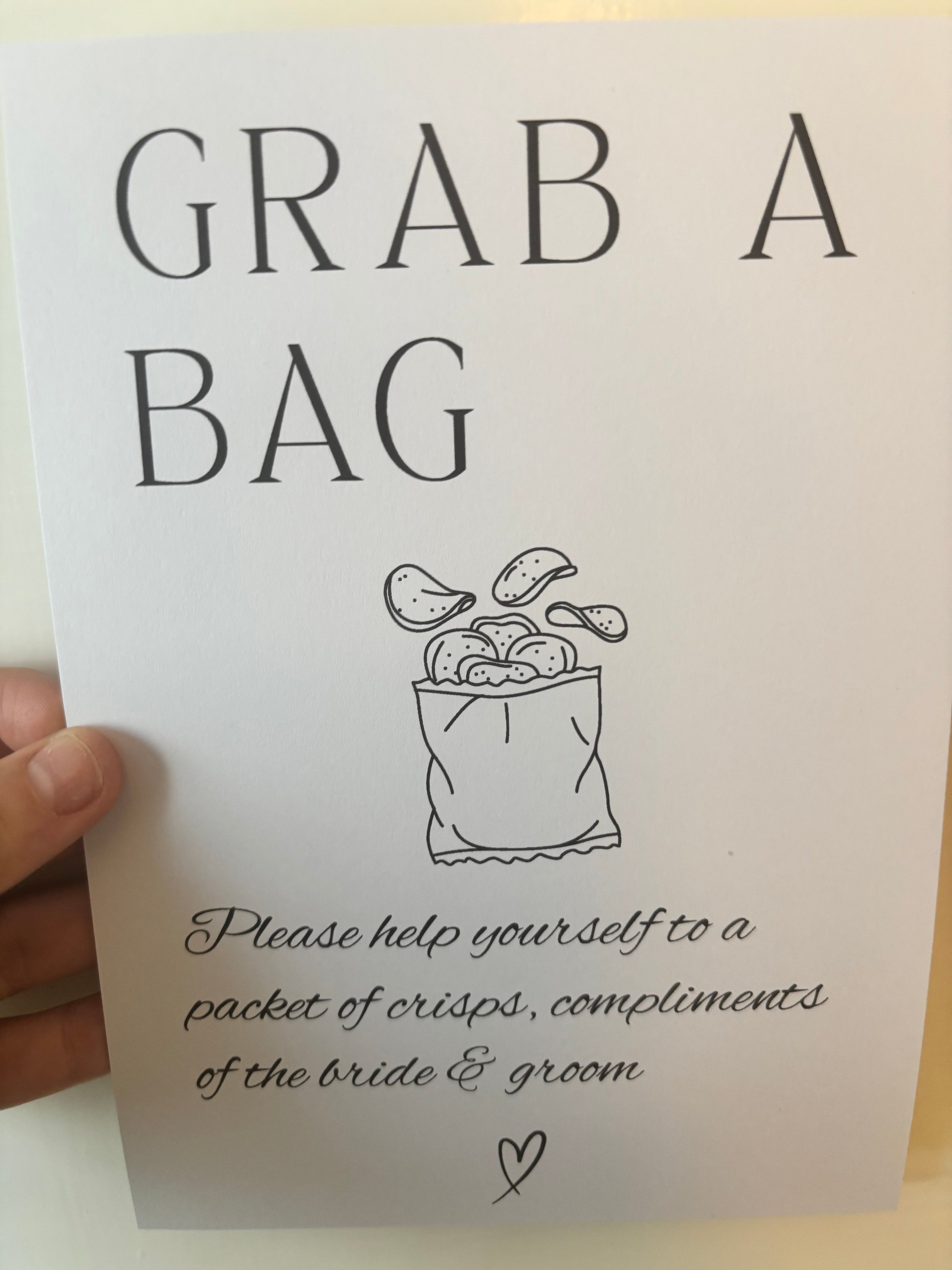 A5 Wedding Sign – Grab a Bag | Please help yourself to a packet of crisps, compliments of the bride & groom | Box & Party Co.