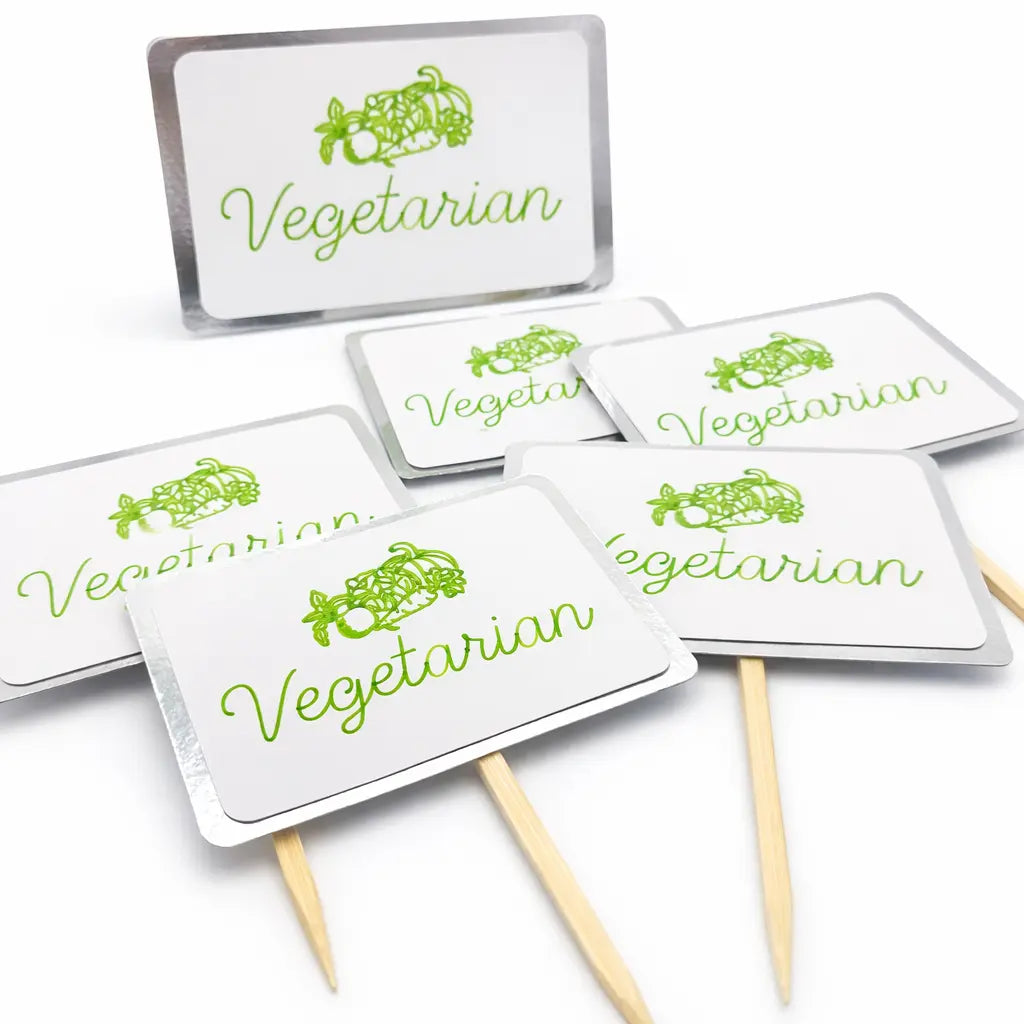 Set of 'Vegetarian' signs with green text and white backgrounds on a white background.
