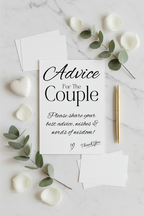 Advice for the Couple sign flat lay with advice cards and gold pen