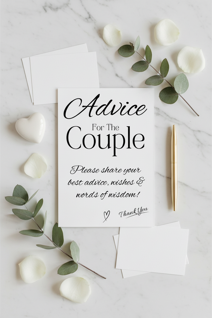 Advice for the Couple sign flat lay with advice cards and gold pen
