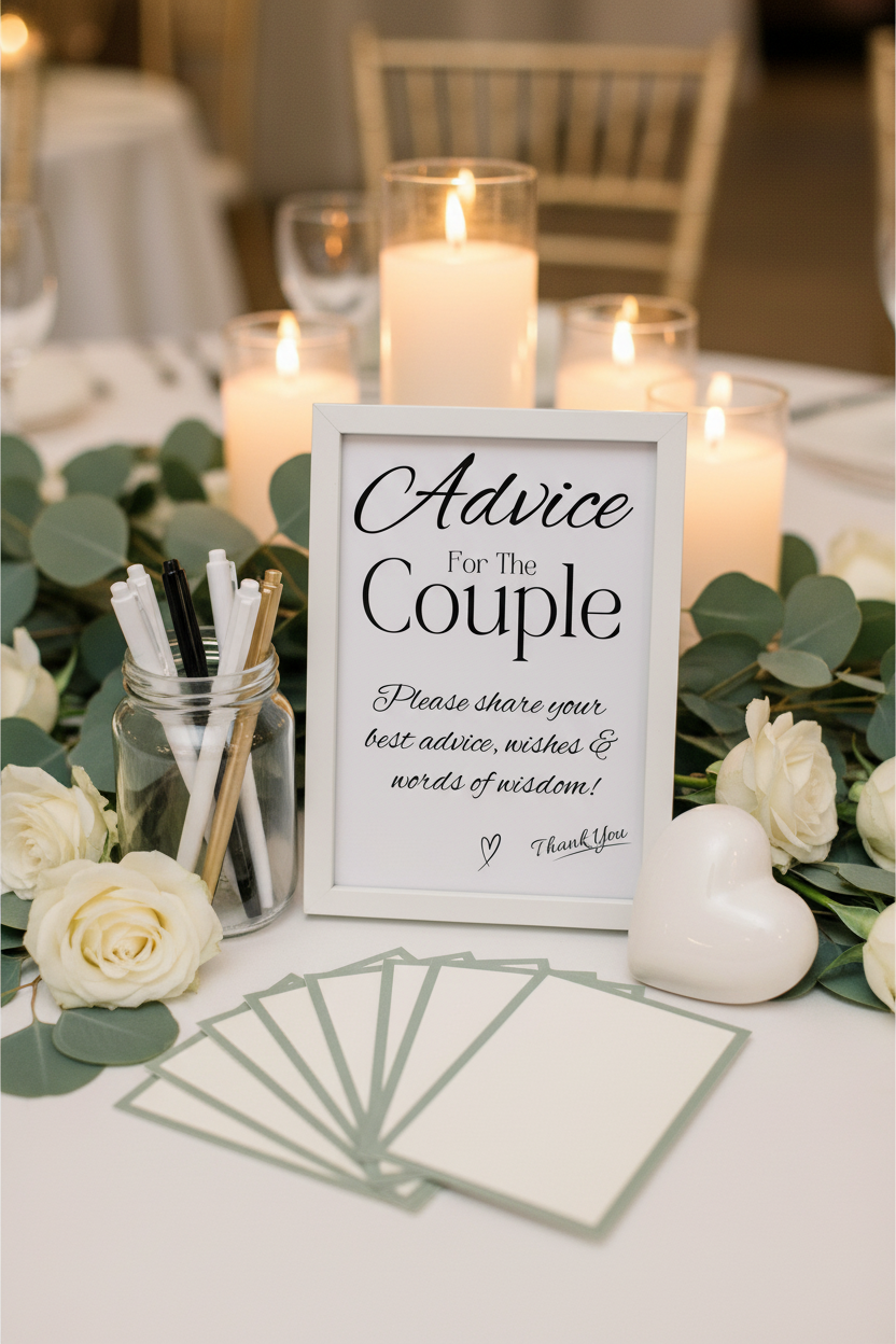 Advice for the Couple sign styled as wedding advice station