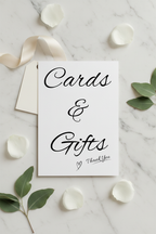 Cards and Gifts sign flat lay with ribbon and eucalyptus
