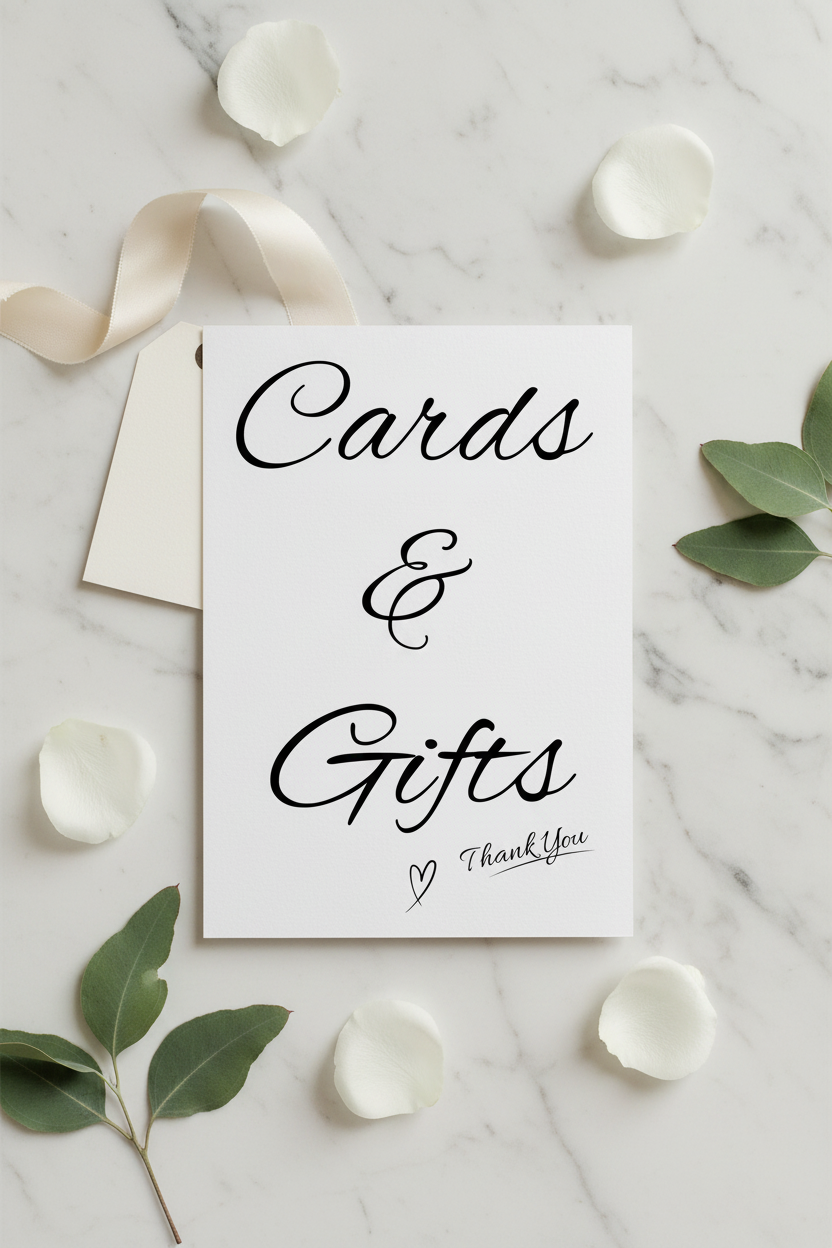 Cards and Gifts sign flat lay with ribbon and eucalyptus