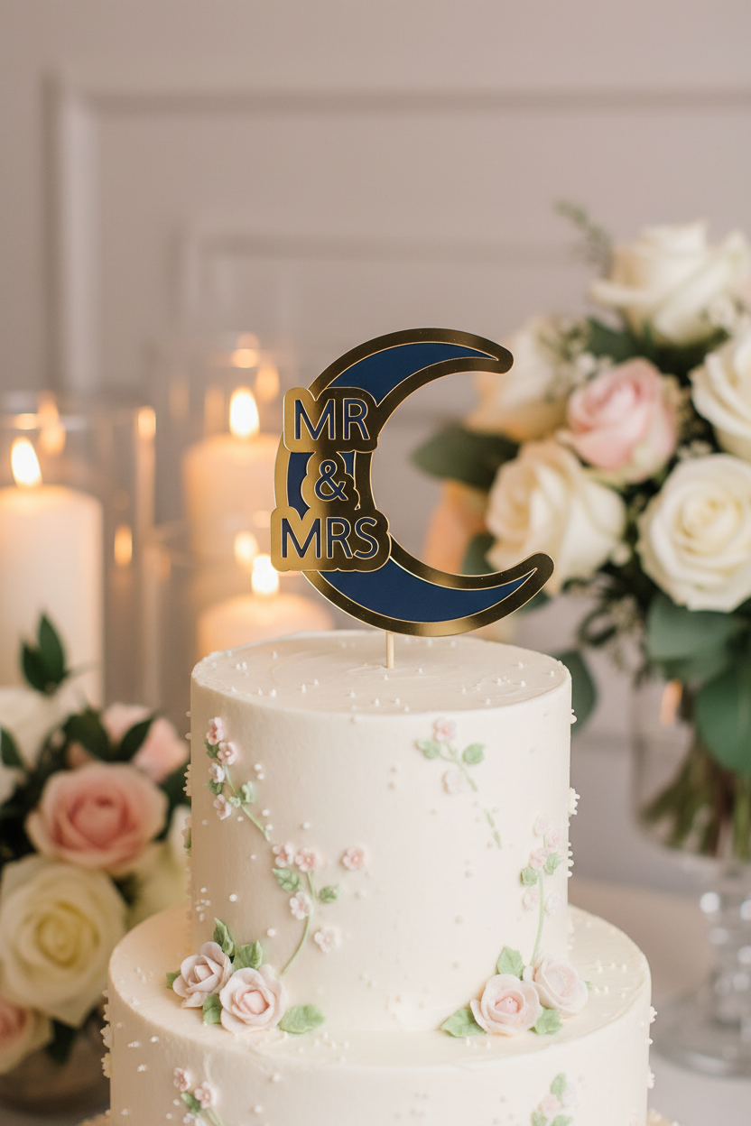 Close-up of gold acrylic Mr and Mrs moon cake topper on white wedding cake