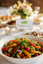 Close-up of Vegetarian food display sign inserted into dish at wedding reception