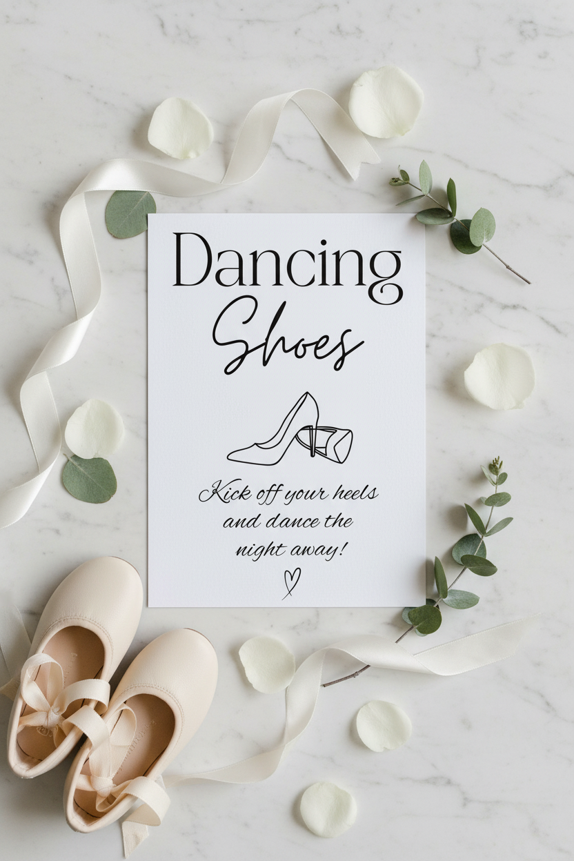 Dancing Shoes sign flat lay with ivory ballet pumps and rose petals