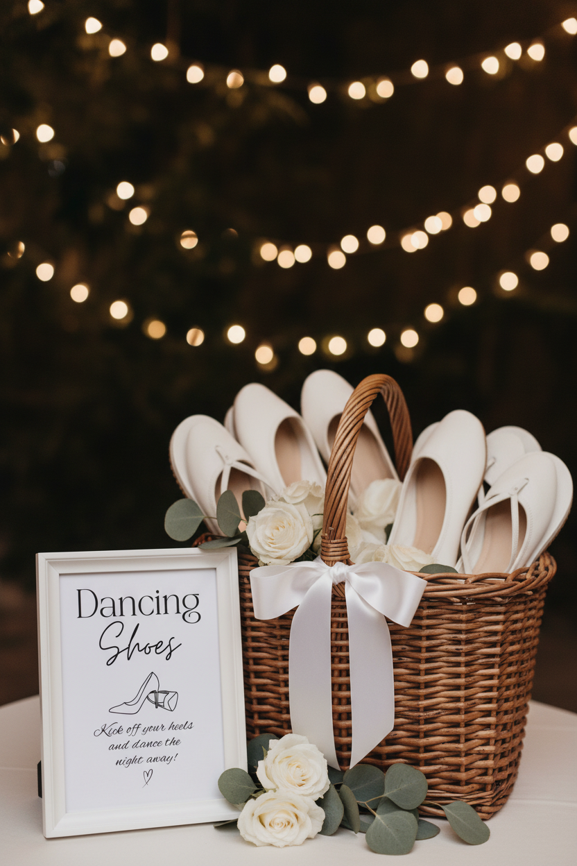 Dancing Shoes sign styled next to wicker basket of ballet pumps