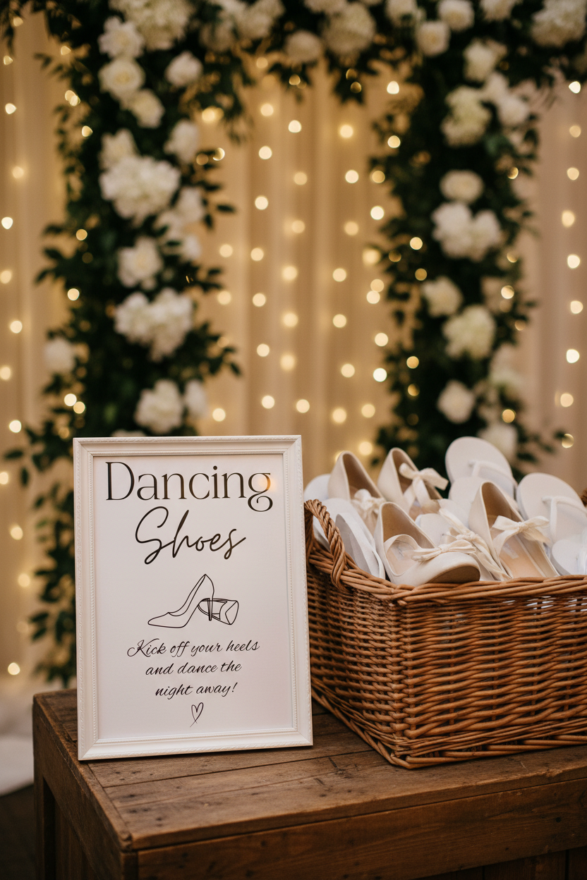Dancing shoes sign with basket of flat shoes