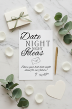Date Night Ideas sign flat lay with note cards and gold pen