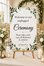 Greenery Unplugged Ceremony sign close-up showing eucalyptus botanical detail