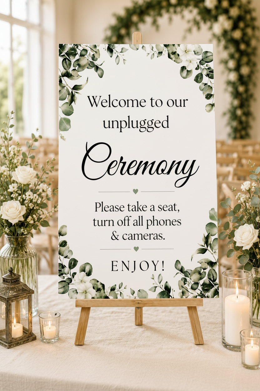 Greenery Unplugged Ceremony sign close-up showing eucalyptus botanical detail