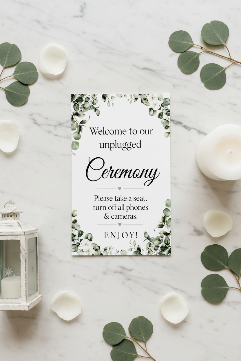 Greenery Unplugged Ceremony sign flat lay with eucalyptus and lantern on marble