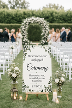 Greenery Unplugged Ceremony sign on easel at outdoor ceremony with guests