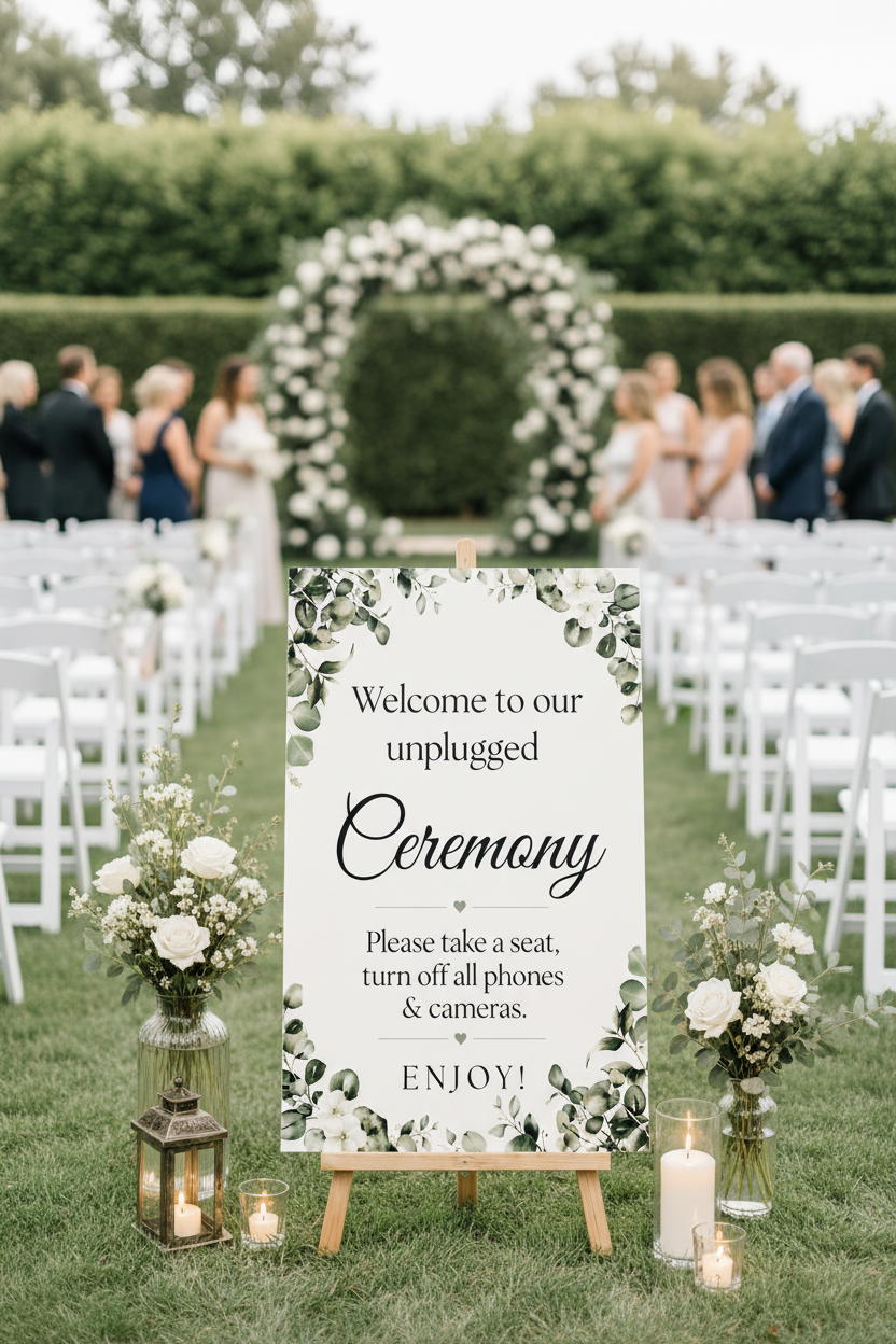 Greenery Unplugged Ceremony sign on easel at outdoor ceremony with guests