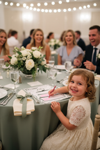 Happy child with activity pack at wedding
