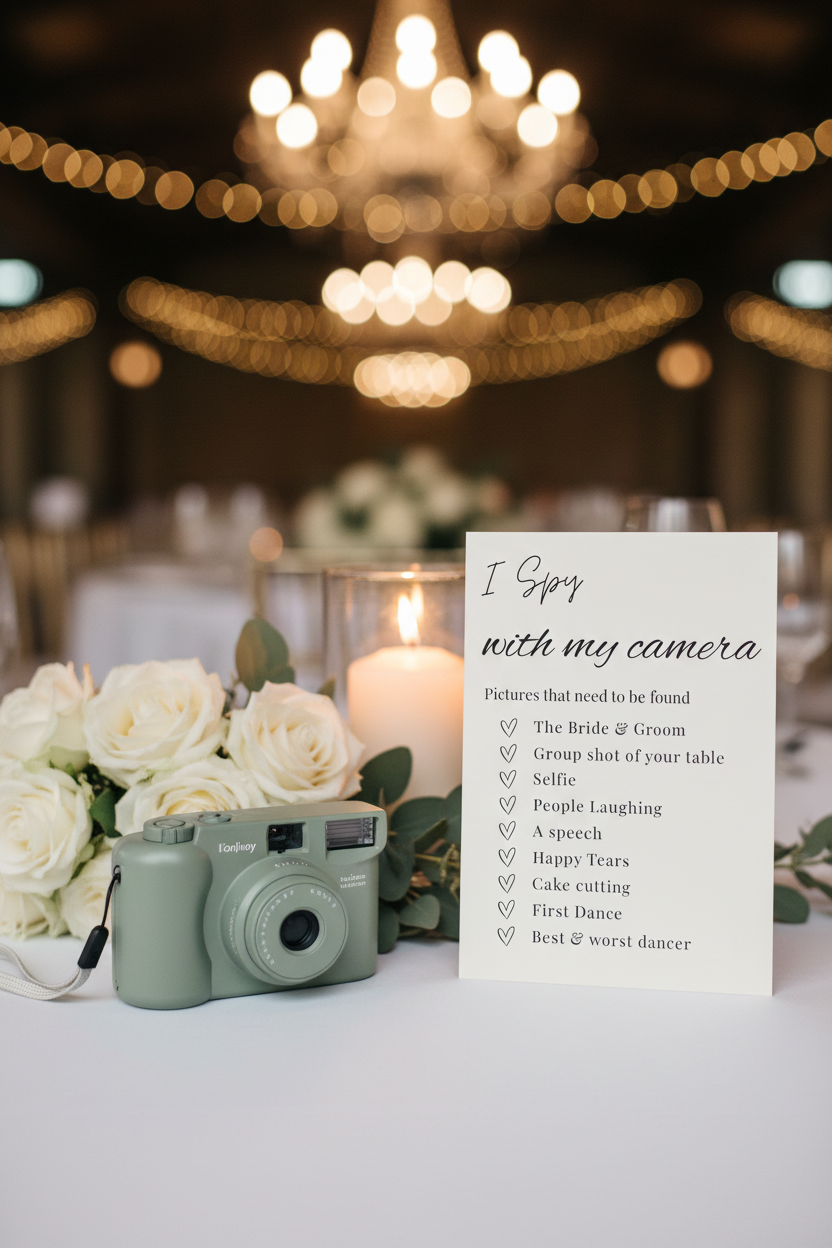 I Spy card on wedding table with camera