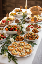 Luxury handmade kraft food signs on dishes at styled wedding buffet table