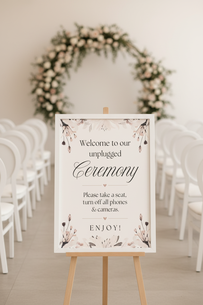 Neutral Floral Unplugged Ceremony sign on easel at ceremony entrance