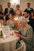 Older wedding guest writing advice card at reception