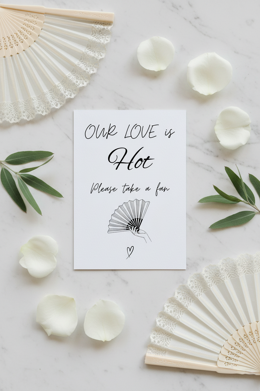 Our Love is Hot sign flat lay with open ivory hand fans and eucalyptus