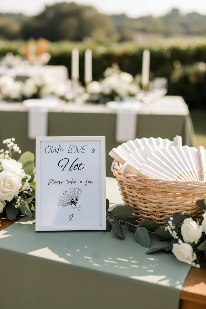 Our Love is Hot sign styled next to basket of ivory hand fans at outdoor wedding