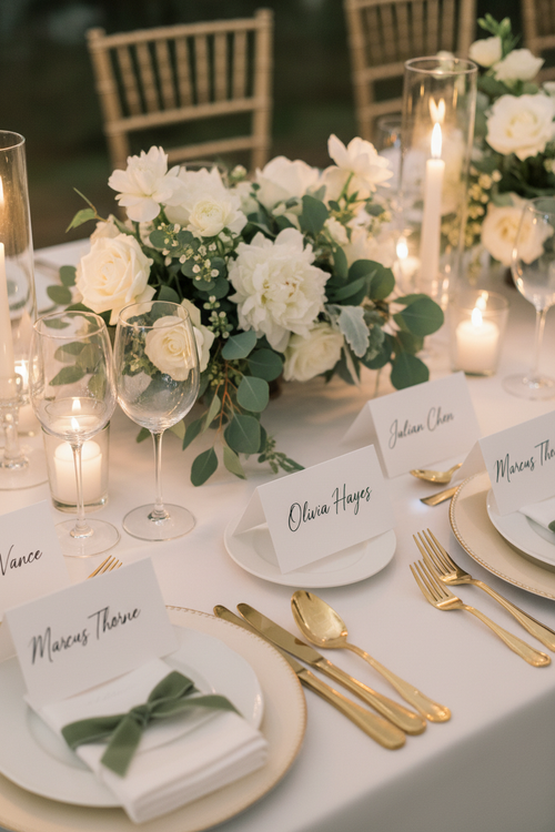 Personalised wedding place name cards on styled reception table
