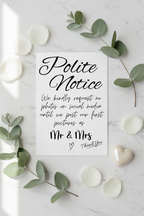 Polite Notice No Social Media sign flat lay with rose petals and eucalyptus
