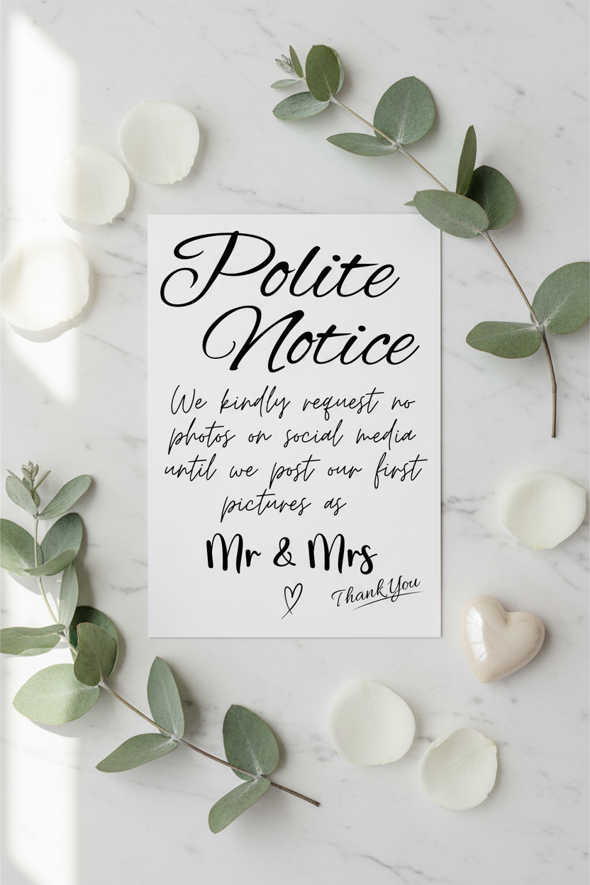 Polite Notice No Social Media sign flat lay with rose petals and eucalyptus