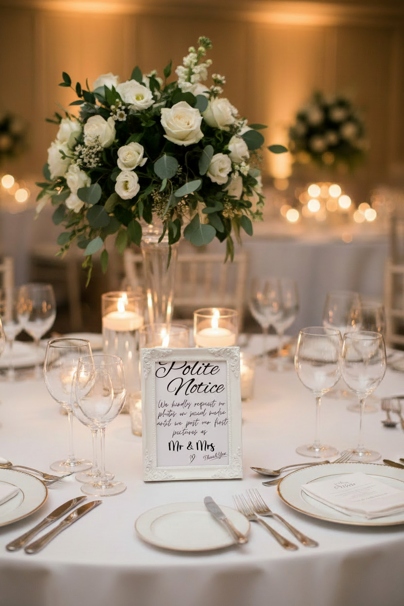 Polite Notice sign with larger text in frame on reception table