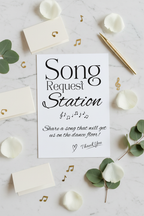 Song Request Station sign flat lay with request cards and gold pen