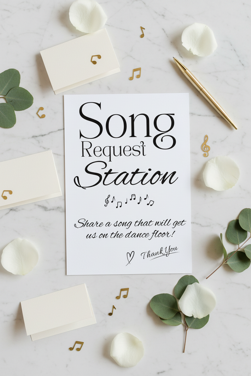 Song Request Station sign flat lay with request cards and gold pen