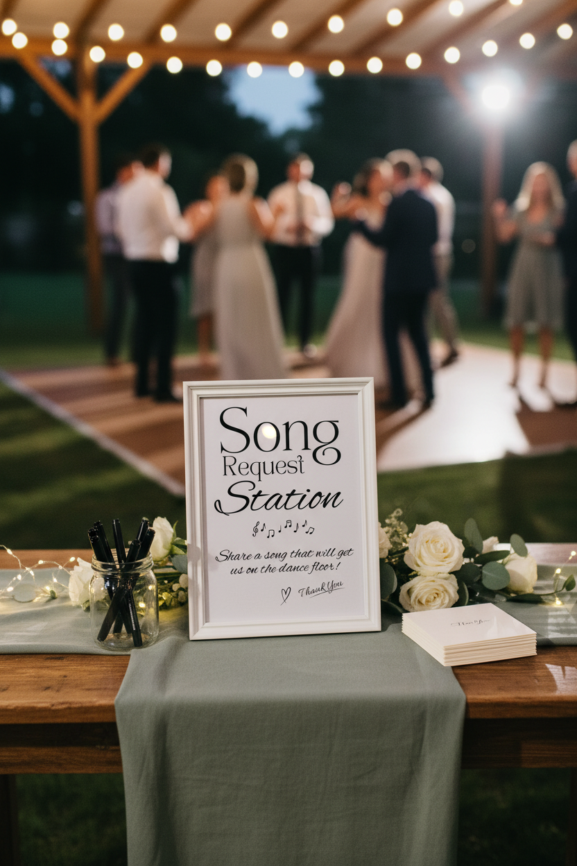 Song Request Station sign styled near wedding dance floor