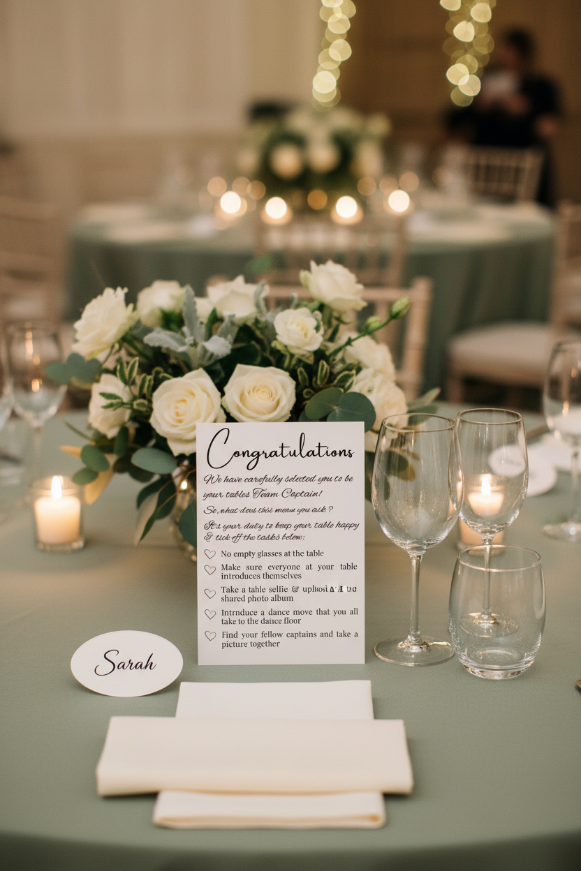 Table Captain's Card on wedding reception place setting