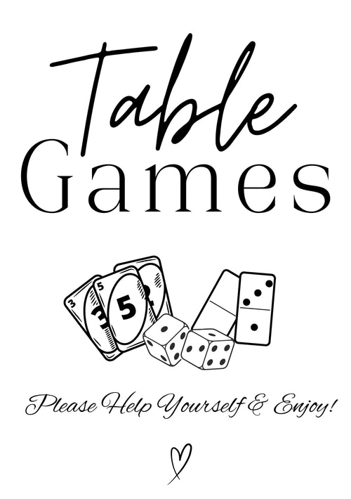 Table Games sign with dice and cards illustration on a white background