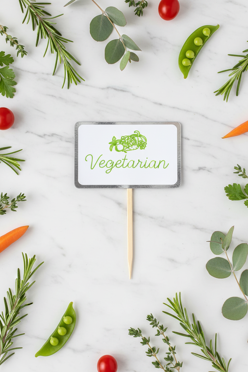 Vegetarian food display sign flat lay with fresh herbs and vegetables on marble